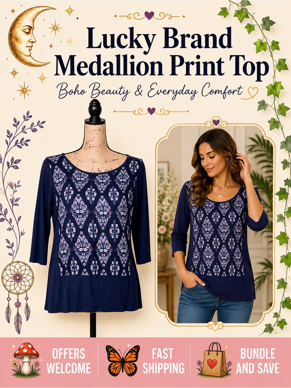 Lucky Brand Navy Floral Medallion Top Women’s Small 3/4 Sleeve Boho Blouse
